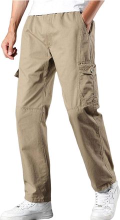 Generic Work Trousers Men Stretch Fit Mens Casual Overalls Outdoor Sports Pants Pocket Straight Casual Pants Elastic Waist Drawstring (Khaki, L)