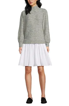 Lands End Fuzzy Lantern Sleeve Mock Neck Mini Twofer Dress in Gray Marble Heather at Nordstrom, Size X-Large