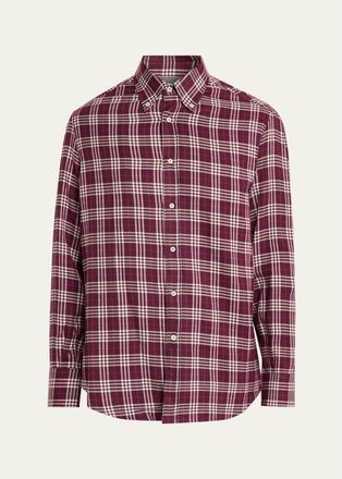 Brunello Cucinelli Mens Cotton-Lyocell Plaid Button-Down Shirt