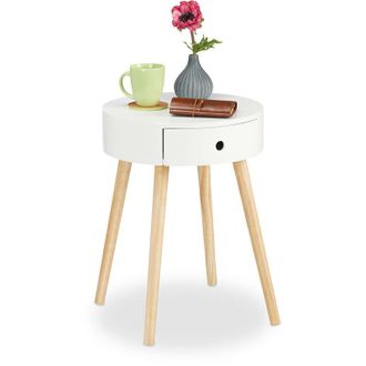 Relaxdays Relaxdays Round Side Table, Desk, Drawer, Scandinavian Design, Nightstand, H x Ø: 52 x 40 cm, Wood, White