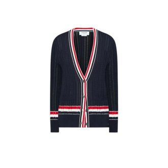 Thom Browne Baby Ladder Cable V Neck Elongated Cardigan - female - Thom Browne - Cardigans - Blue - M - Knitwear