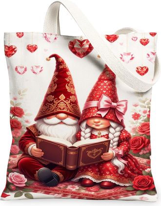 Generic Christmas Gnome Canvas Tote Bags, Heart Floral Pattern Reusable Grocery Bags, Vintage Lightweight Washable Shoulder Strap C, Red, 13x15 Inch