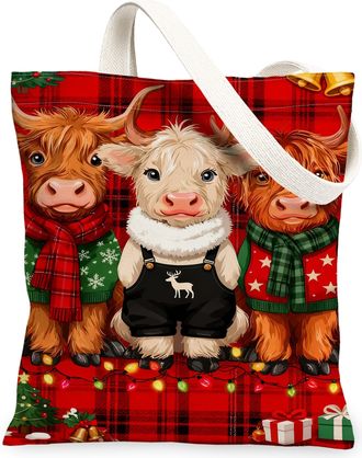 Generic Christmas Cattle Canvas Tote Bags, Farm Animal Pattern Reusable Grocery Bags, Winter Lightweight Washable Shoulder Canvas F, Red, 13x15 Inch