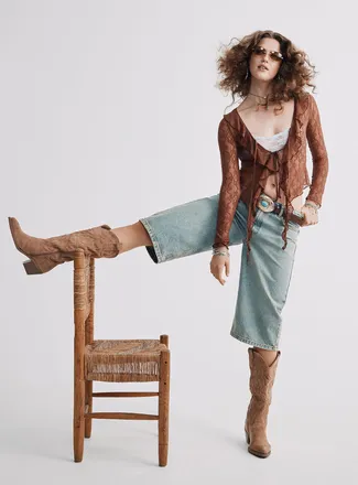 Simons Womens Tan faux-suede cowboy boots Women