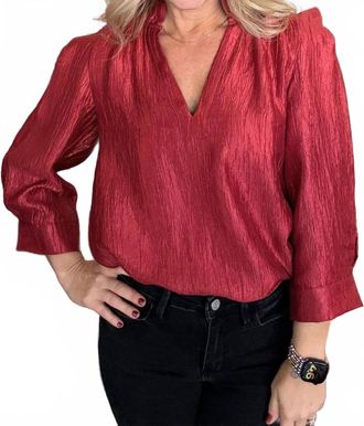 THML Clothing Pleated 3/4 Sleeve Top In Red