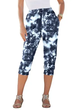 Roaman's Plus Size Soft Knit Capri Pant With Drawstring Waist in Navy Acid Tie Dye at Nordstrom, Size Small
