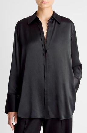Vince Relaxed Lace Trim Placket Silk Satin Button-Up Shirt in Black at Nordstrom Rack, Size Medium