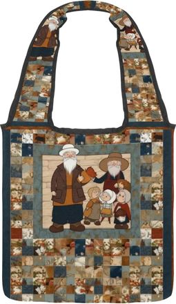 Generic Vintage Family Reversible Canvas Shoulder Tote - Double-Sided Print, 12oz Cotton, 27cm Drop, Fold-Flat Bag for Travel, Shopping, Street Outings