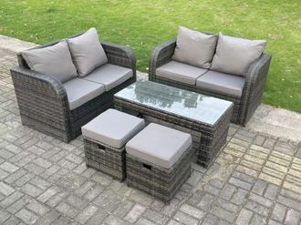 Fimous Dark Grey Rattan Garden Furniture Set Love Sofa 2 Seater Sofa Set Outdoor Rectangular Coffee Table 6 Seater