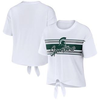 WEAR by Erin Andrews Womens WEAR by Erin Andrews White Michigan State Spartans Striped Front Knot Cropped T-Shirt at Nordstrom, Size Xx-Large