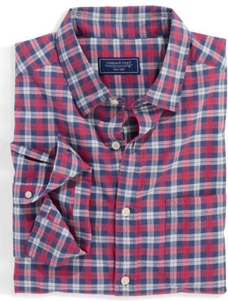Vineyard Vines Overlook Regular Fit Plaid Cotton Madras Button-Up Shirt in Sailors Red at Nordstrom, Size Xx-Large