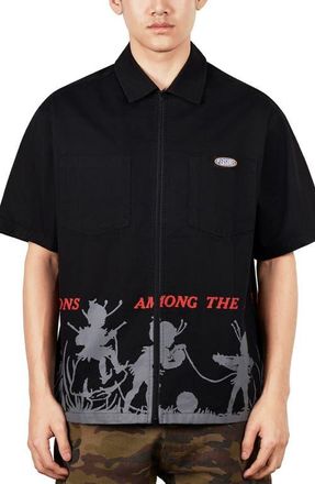 Pleasures Fairies Relaxed Fit Cotton Zip Shirt in Black at Nordstrom, Size X-Large