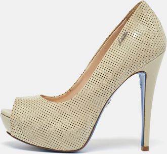 Loriblu Beige Perforated Patent Leather Peep Toe Platform Pumps