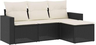 vidaXL Juego De Sof&aacute;s Jard&iacute;n 4 Pzas Con Cojines Rat&aacute;n Sint&eacute;tico Negro Vidaxl