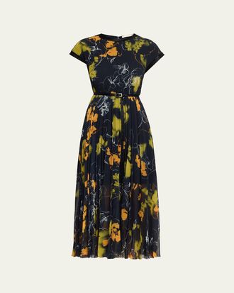 Jason Wu Shadow Floral Pleated Crepe De Chine Midi Dress