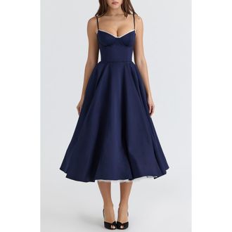 House of CB Mademoiselle Sleeveless Satin Tulle Midi Dress in Navy at Nordstrom, Size X-Large A
