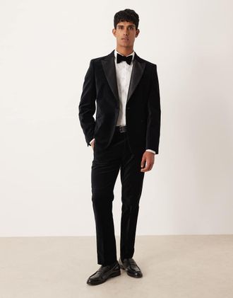 Asos Pantaloni da abito stile smoking slim neri in velluto di cotone-Nero
