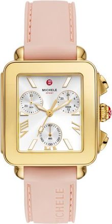 Michele Deco Sport Chronograph Silicone Strap Watch, 34mm x 36mm in Gold/Pink at Nordstrom