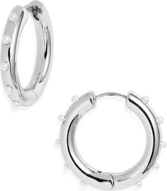 Open Edit Cultured Pearl Studded Hoop Earrings in White- Silver at Nordstrom