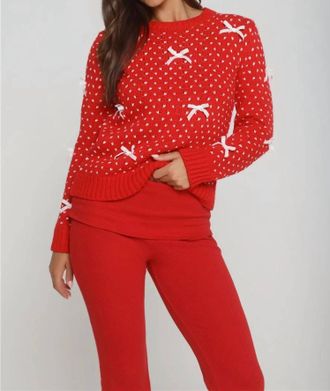 She + Sky Two Tone Bow Sweater In Red