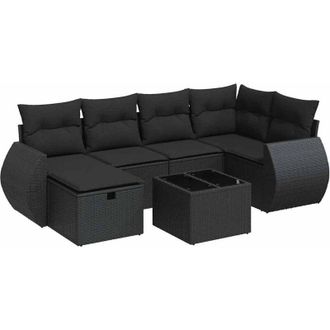 vidaXL Set De Sof&aacute;s De Jard&iacute;n 7 Pzas Con Cojines Rat&aacute;n Sint&eacute;tico Negro