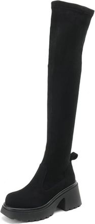 Generic Womens Chic Over The Knee Platform Boots Round Toe Chunky Block Heels Faux Leather Cushioned Insole Comfortable Durable Non Slip Casual Daily Streetwe