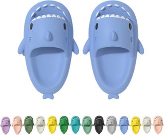 Generic Shark Slippers for Adult and Kids, Thick Sole Cloud Shark Slides Women Men, Cute Beach Bathroom Shark Sandals Sunmmer (Blue, Adult, Men, 9, Numeric Ra