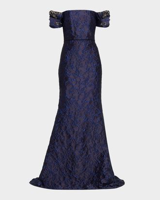 Badgley Mischka Beaded Off-Shoulder Jacquard Trumpet Gown