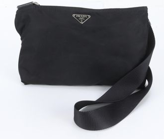 Prada Black Leather Nylon Messenger Bag Shoulder Bag (Pre-Owned)