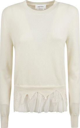 Alexander McQueen Grunge Glamour Kantafgewerkte Trui - Dames - Ronde hals truien - Wit - M - Wol - Truien & Vesten