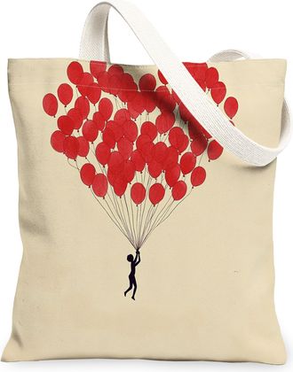 Generic Red Balloon Canvas Tote Bags, Innovative Balloon Design Reusable Shopping Bags, Summer Chic Lightweight Washable Shoulder Strap Canvas for Travel Picn