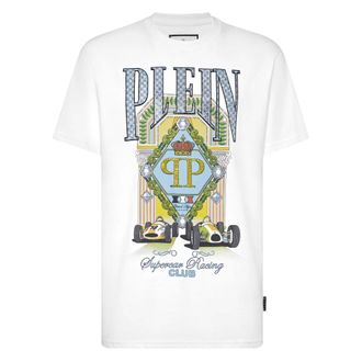 Philipp Plein Tops, Heren, Wit, L, Katoen, T-Shirt Round Neck Racing