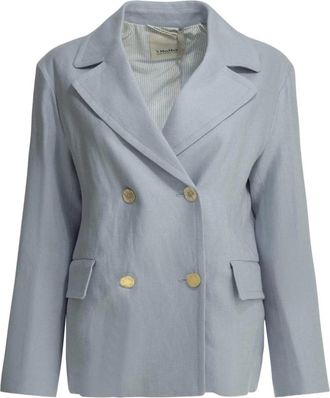 Max Mara Avenue Double-Breasted Linnen Blazer - Dames - Blazers - Blauw - S - Linnen - Jassen