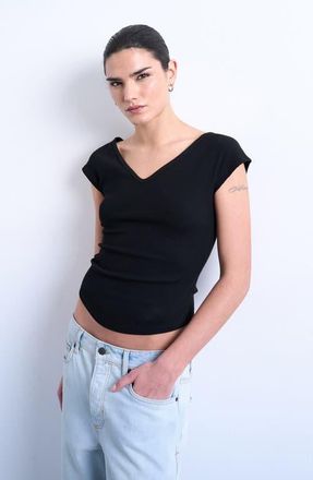 Topshop V-Neck Cap Sleeve Crop Stretch Cotton Rib Top in Black at Nordstrom, Size X-Small