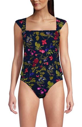 Lands End Womens Square Neck Underwire Square Back Tankini Swimsuit Top in Deep Sea Multi Garden Floral at Nordstrom, Size 4P