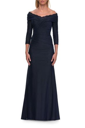 La Femme Off-the-Shoulder Three-Quarter Sleeve Gown in Navy at Nordstrom, Size 12