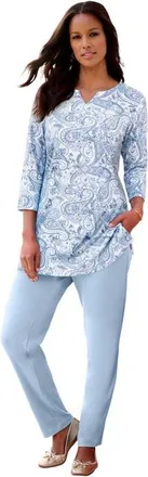 Roaman's Plus Size Three Quarter Sleeve Notch Neck Soft Knit Tunic in Blue Floral Paisley at Nordstrom, Size 36