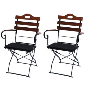 Hhg [nunca Usado] Juego De 2 Sillas De Jard&iacute;n Hhg-122, Silla Plegable, Silla De Jard&iacute;n, Calidad Gastron&oacute;mica, Acacia, Marr&oacute;n, Tapizado Negro