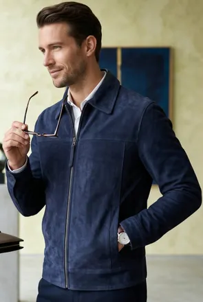 Infinity Leather Heren Navy Geit Su&egrave;de Leren Harrington Biker Jas - Rug