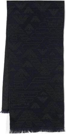 Emporio Armani Blauwe Sjaal met Logo Motief en Raffelige Rand - Heren - Wintersjaals - Blauw - ONE Size - Wol - Accessoires