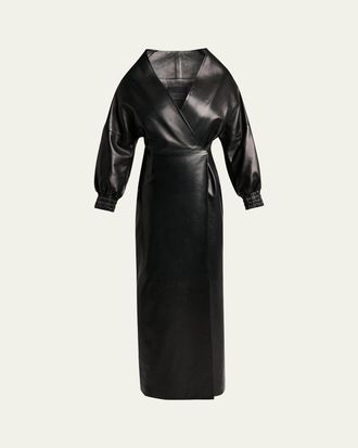 Balenciaga Sculpted Leather Long-Sleeve Maxi Wrap Dress