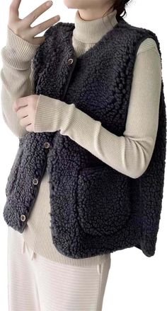 Generic Teddy Fleece Gilet for Women Sleeveless V-neck Button Down Vest Sherpa Fluffy Solid Lightweight Waistcoat Cozy Autumn Winter Jackets with Pockets Ladi