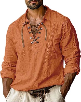 Generic Linen Shirts Long Sleeve Men Lace Up Outdoor Loose Sports Shirt Lightweight Walking Hiking Long Sleeve Tops Summer Shirt Solid Color Shirts Breathable