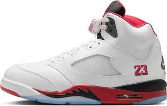 Nike Jordan Mens Air Jordan 5 Retro Fire Red Black Tongue Shoes in White | HQ7978-101