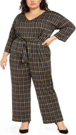NY Collection Womens Plus Tie Front V Neck Jumpsuit Black Size 2X