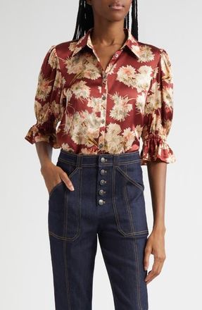 Cinq à Sept Fiona Mae Bouquet Satin Button-Up Shirt in Wineberry Multi at Nordstrom, Size Xx-Small