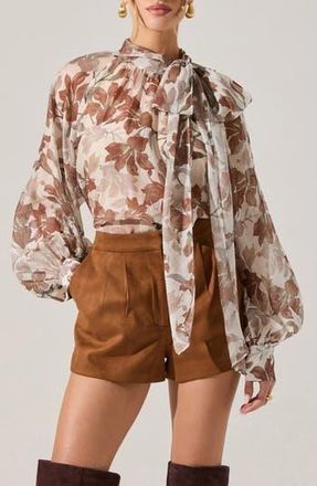 ASTR the Label Cinthia Pussybow Balloon Sleeve Top in Brown White Floral at Nordstrom Rack, Size Large