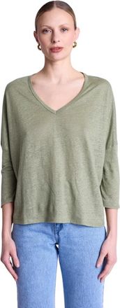 BERENICE Linnen V-hals T-shirt - Dames - Longsleeves - Groen - S - Linnen - Tops