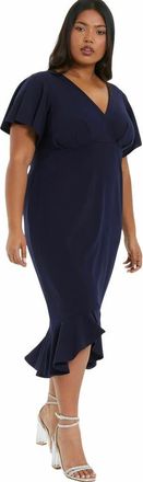 Quiz V-Neck Frill Hem Midi Dress in Blue at Nordstrom, Size 20W