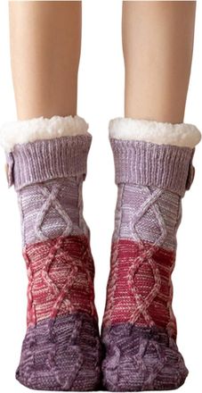 Generic Knitted Ultra-Thick Slipper Home Socks,Non-Slip Warm Winter Fleece Lined Grippers Socks,Soft Cozy Fuzzy Loungewear Socks (Purple)